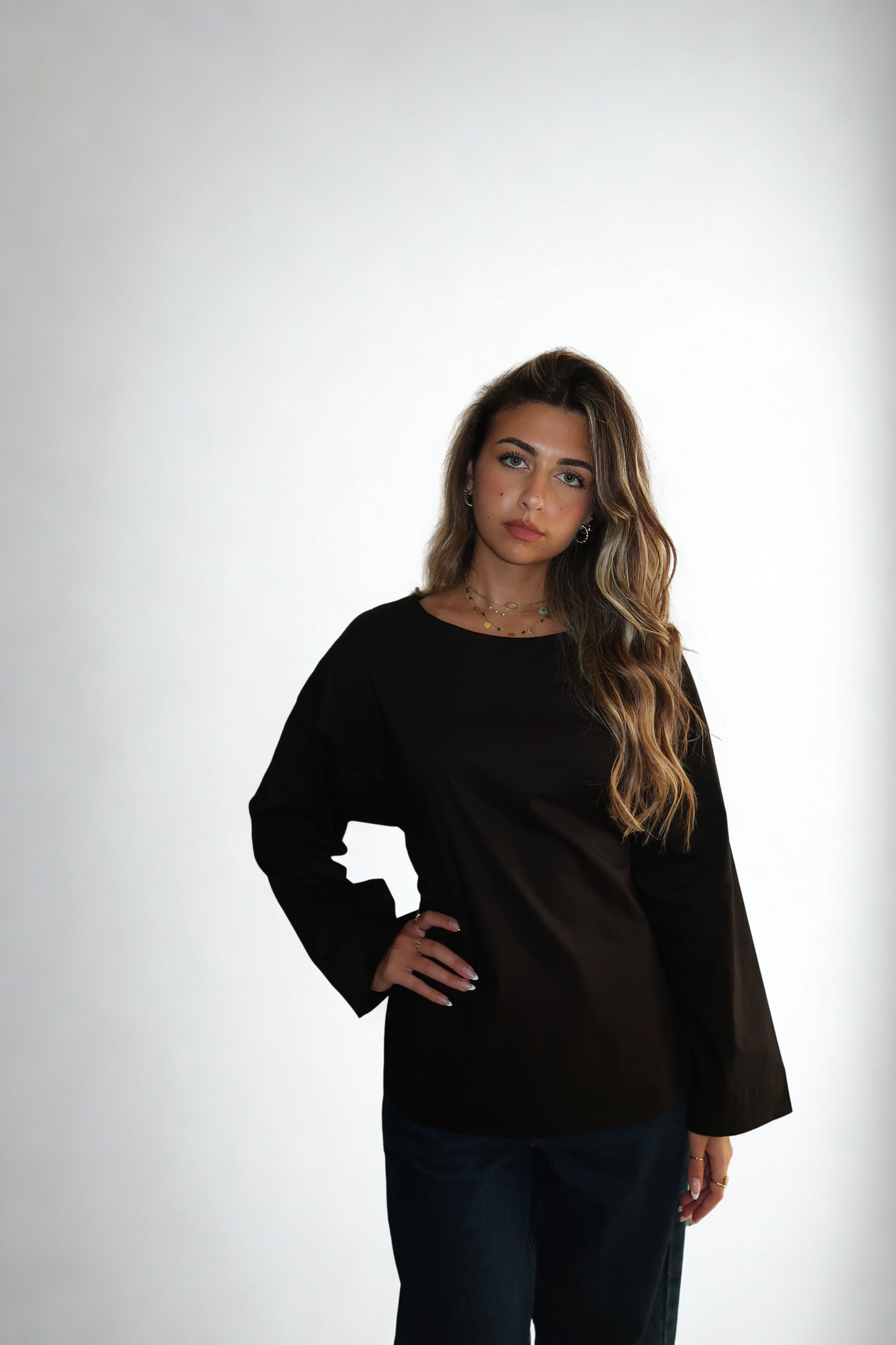 ISLA NOIR CINCHED WAIST LONG SLEEVE POPLIN TOP