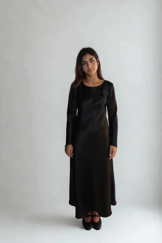 NILA BLACK SATIN SLEEVED MIDI DRESS