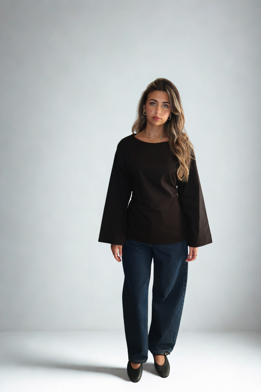 ISLA NOIR CINCHED WAIST LONG SLEEVE POPLIN TOP