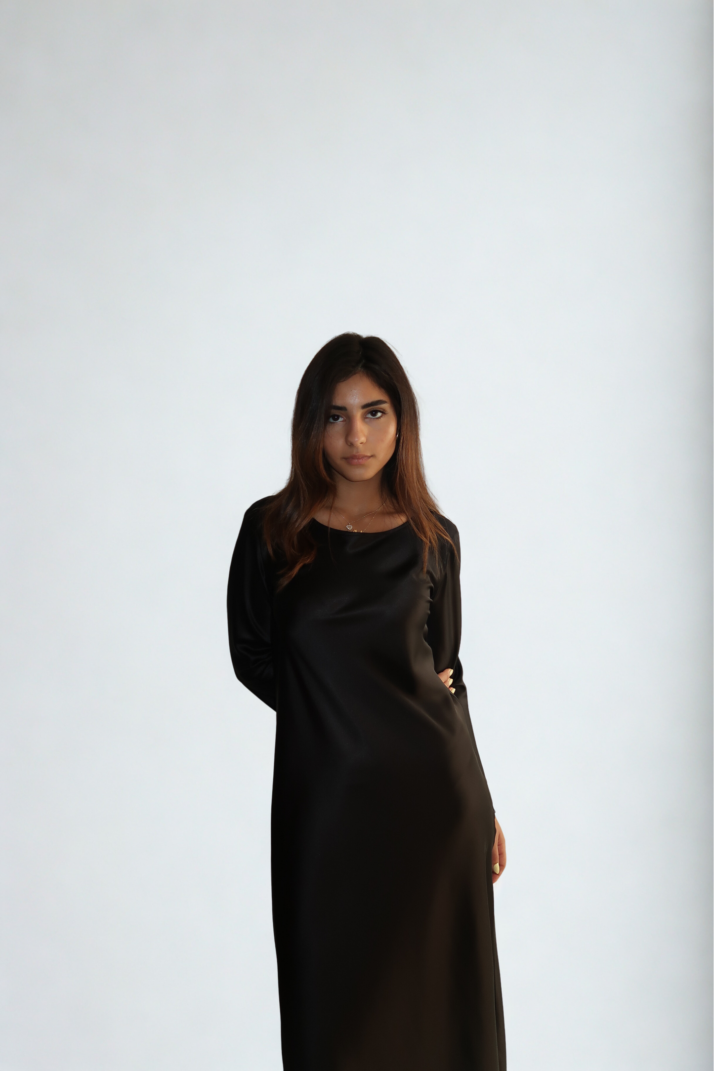 NILA BLACK SATIN SLEEVED MIDI DRESS