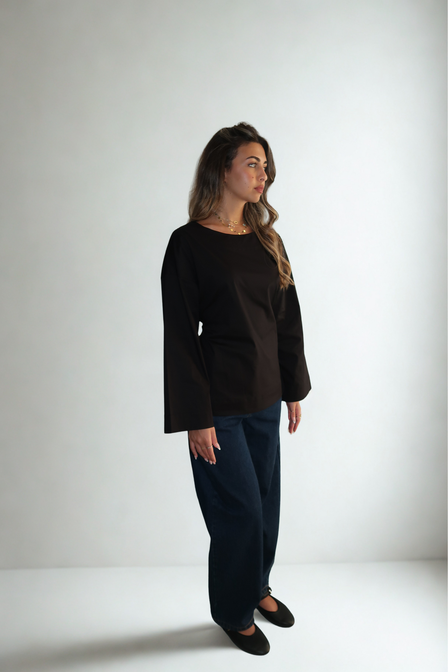 ISLA NOIR CINCHED WAIST LONG SLEEVE POPLIN TOP