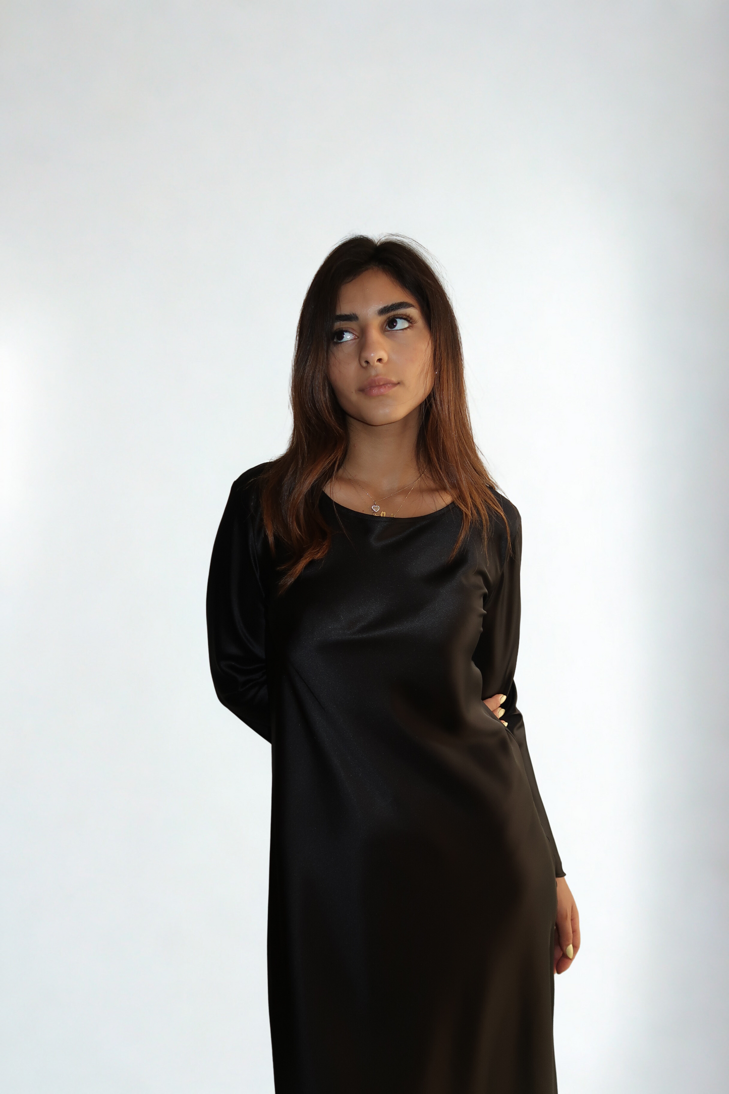NILA BLACK SATIN SLEEVED MIDI DRESS