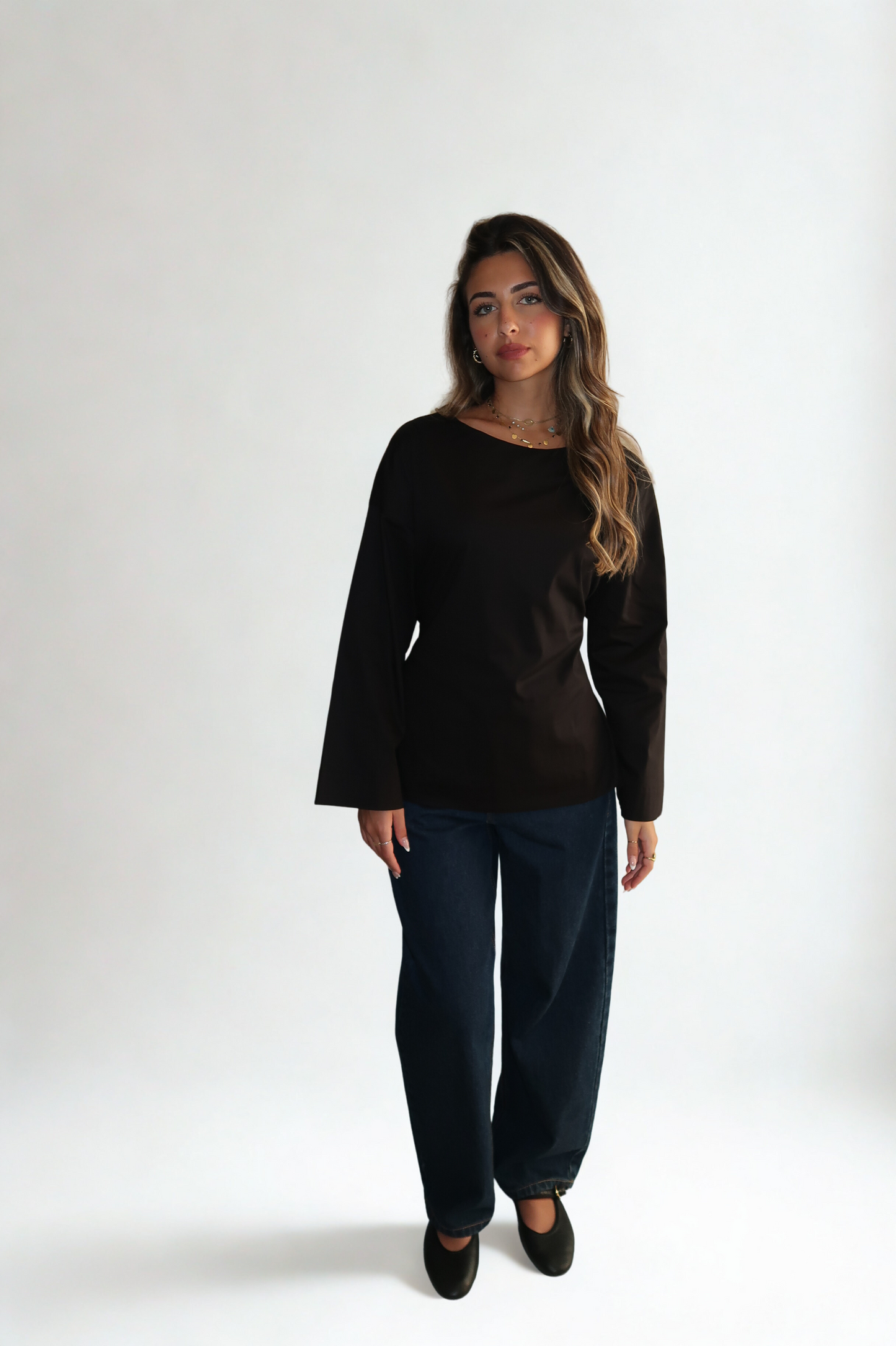 ISLA NOIR CINCHED WAIST LONG SLEEVE POPLIN TOP