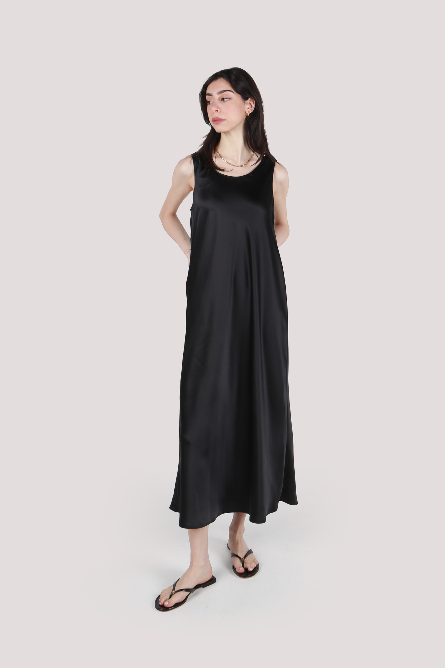 NILA BLACK SATIN MIDI DRESS