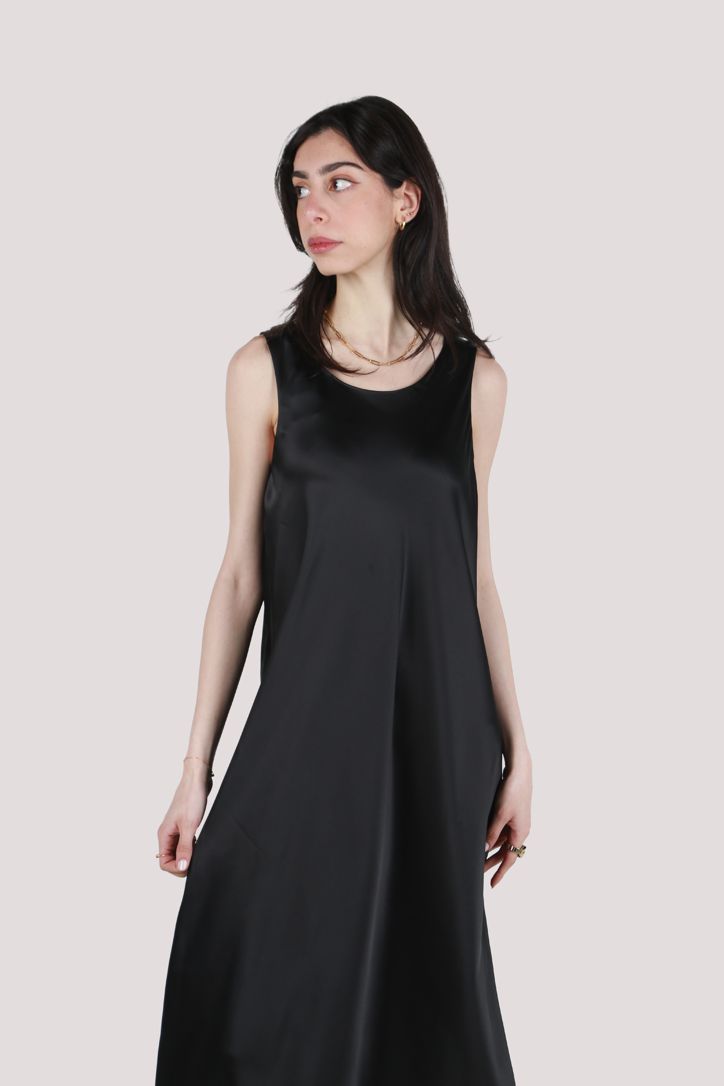 NILA BLACK SATIN MIDI DRESS