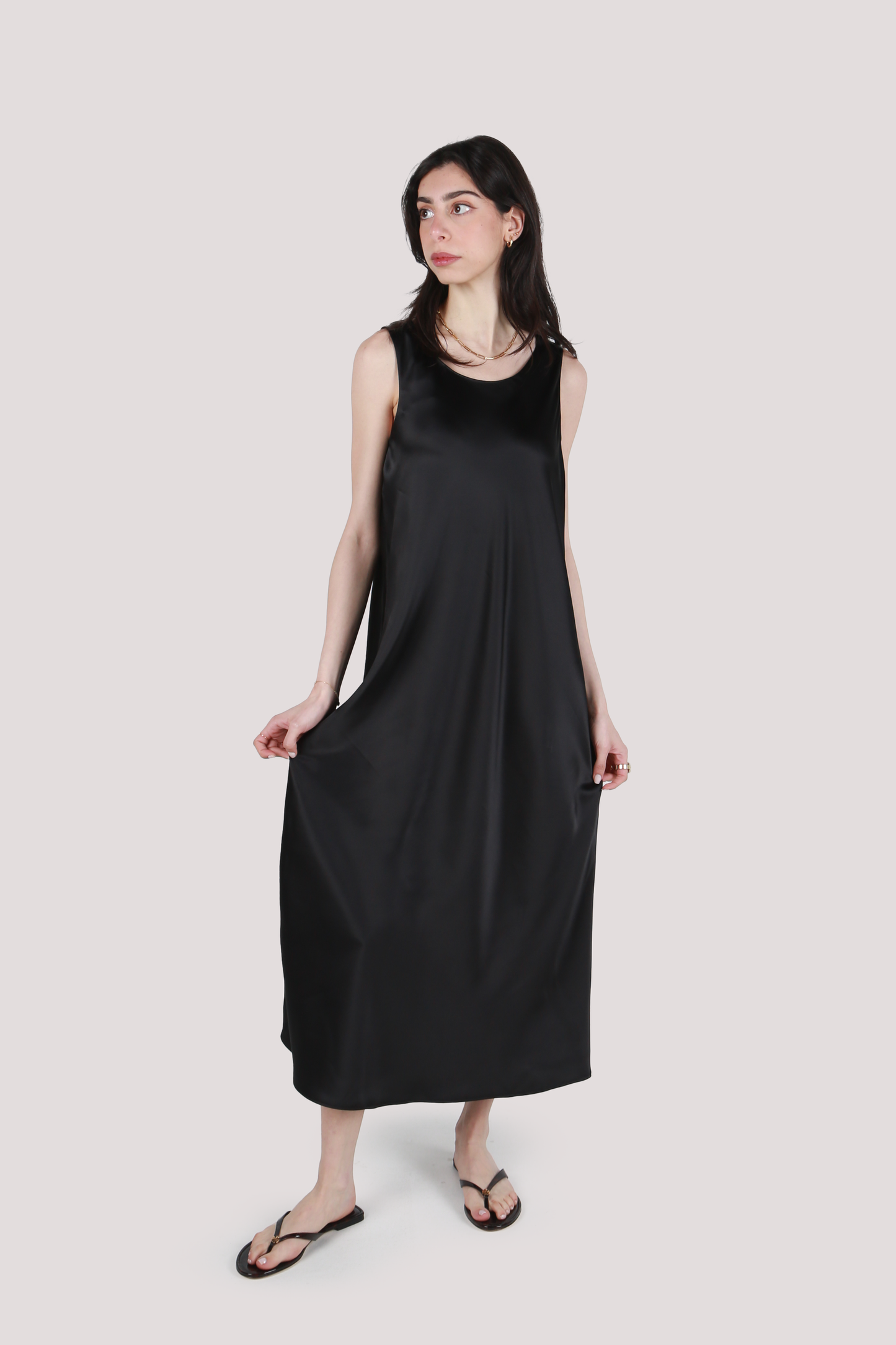 NILA BLACK SATIN MIDI DRESS