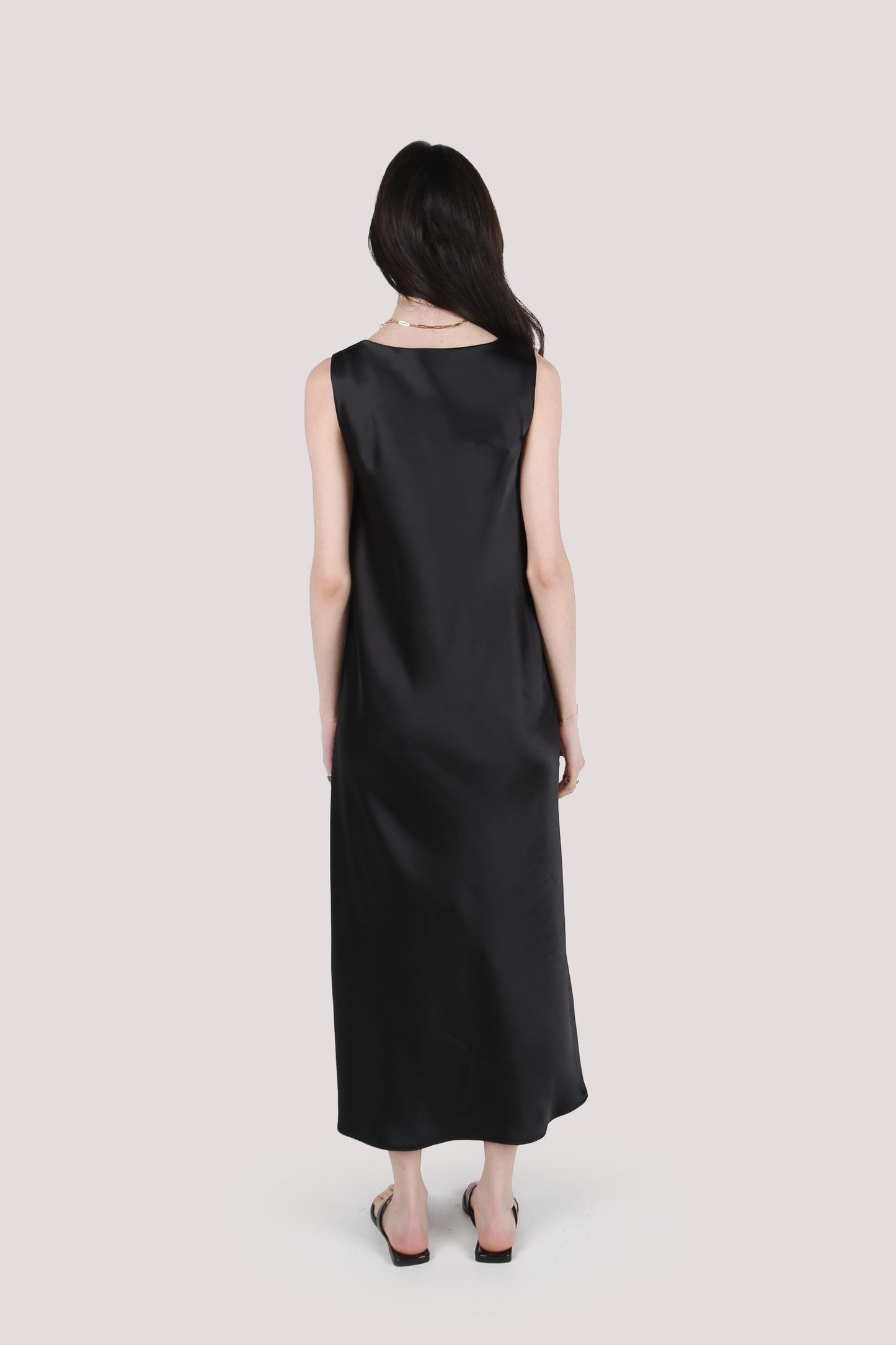 NILA BLACK SATIN MIDI DRESS