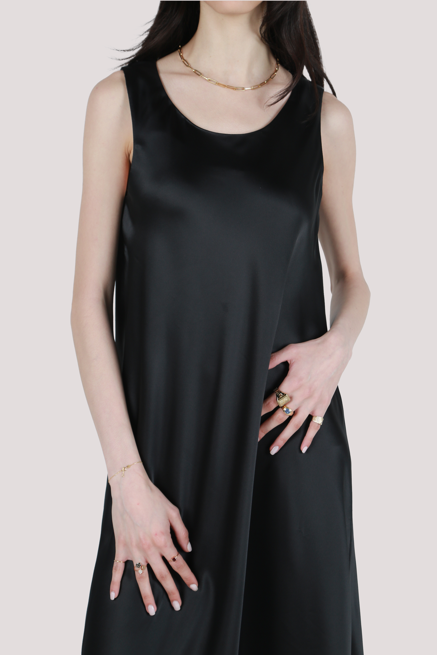 NILA BLACK SATIN MIDI DRESS